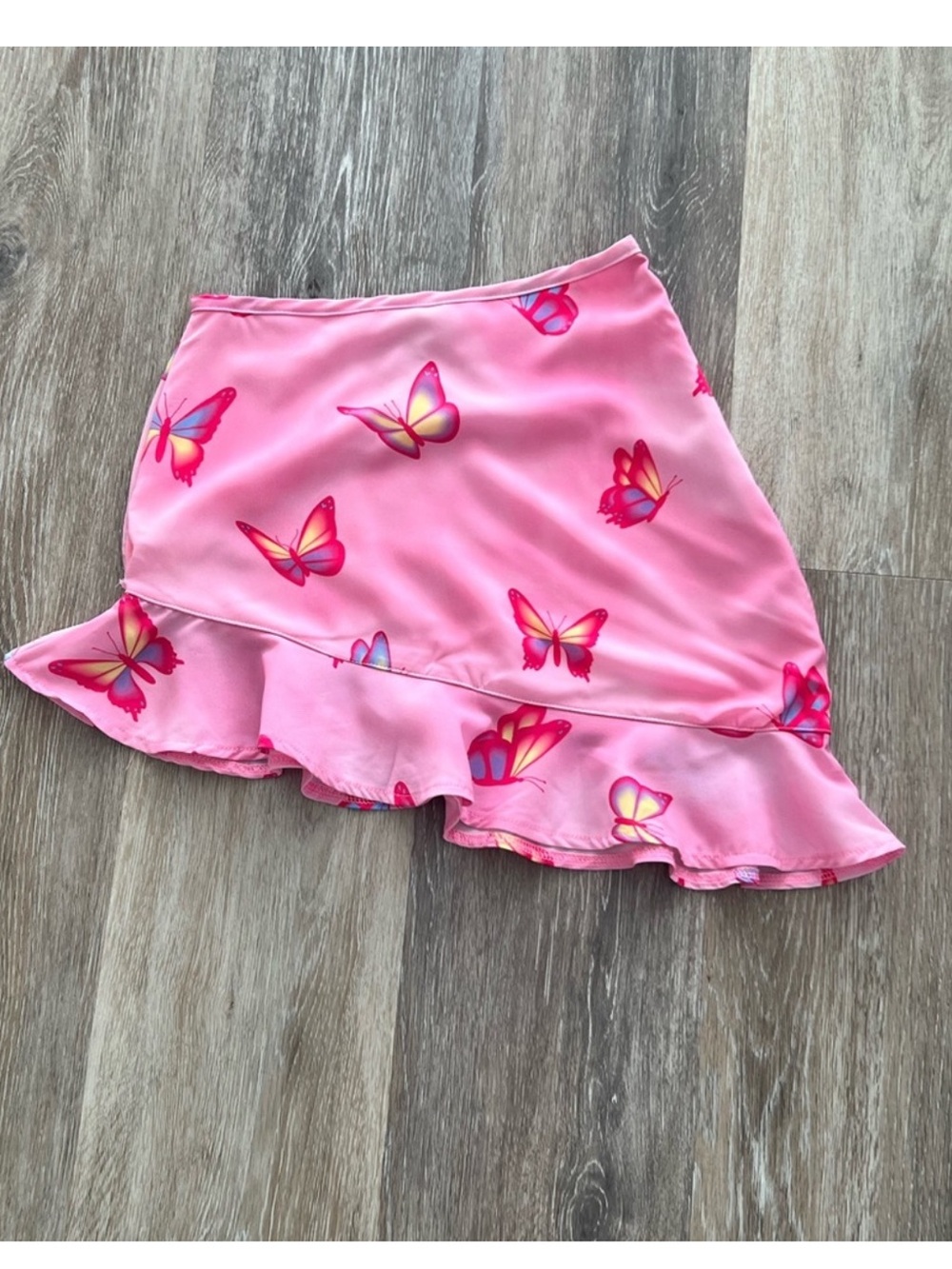 New! Y2K Sugar Thrillz Pink Butterfly Asymmetrical Ruffle Mini Skirt